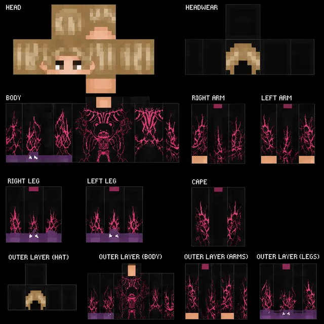 Minecraft skin sheet with black hoodie, blonde hair, and neon pink glitch patterns on torso, limbs, and cape.