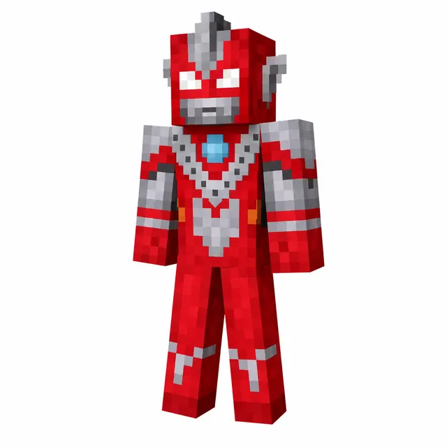 Minecraft-style red and silver armored hero skin with glowing blue chest core and visor, standing on a white background.