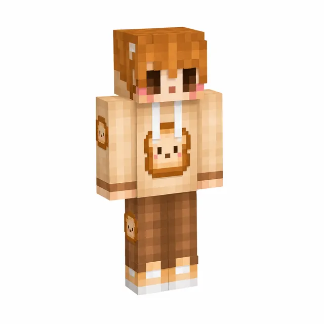 Kawaii Minecraft skin with tan bear hoodie, brown pants, and orange-brown hair in 3/4 view
