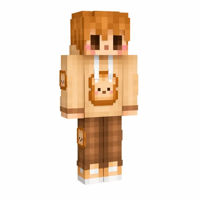 Minecraft skin: tan bear-hoodie, brown pants, white shoes, orange hair, pink cheeks; standing on white background.