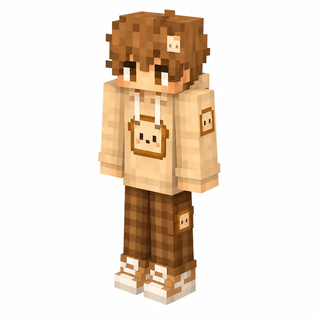 Minecraft skin of a character in beige toast hoodie, brown pants, and white sneakers on a white background.