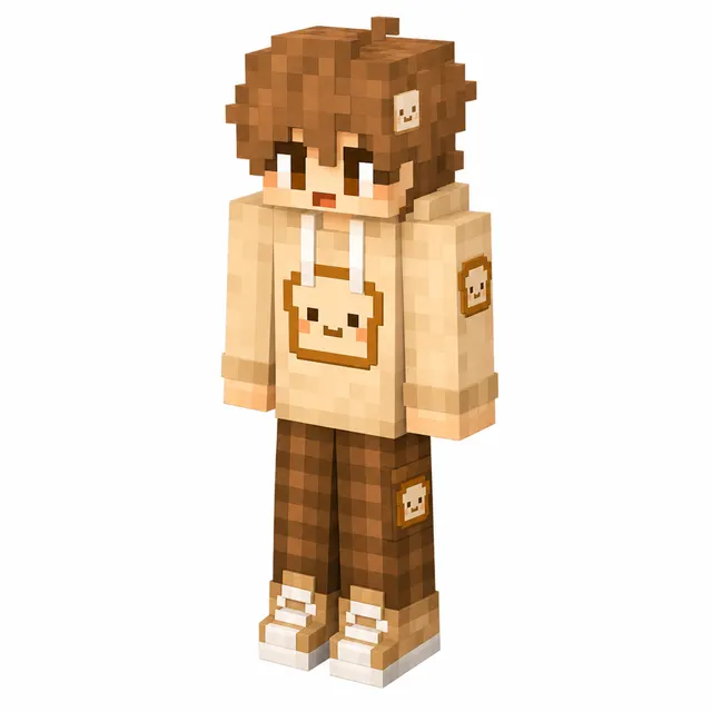 Kawaii Minecraft skin with tan toast hoodie, brown hair, checked pants, and beige sneakers.