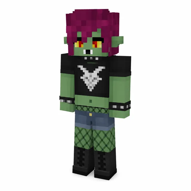 Green-skinned punk orc Minecraft skin with magenta hair, crop top, shorts, fishnet leggings, and boots.