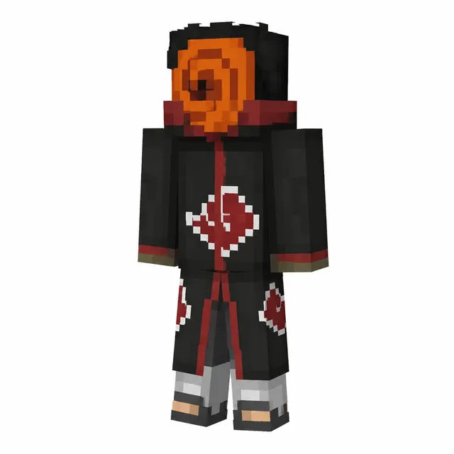 Minecraft skin with black cloak, red cloud symbols, and orange spiral mask, rear three-quarter view