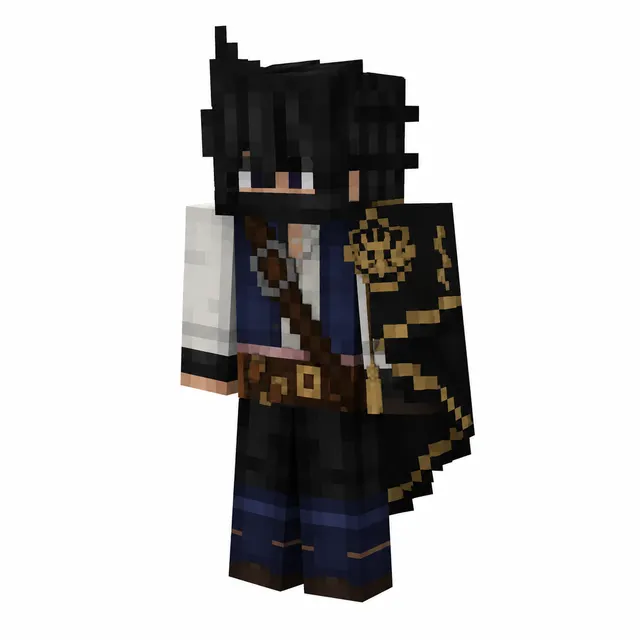 Minecraft skin: dark-haired rogue with black cloak, gold emblem, navy vest, white sleeve, brown belts; 3D isometric preview.