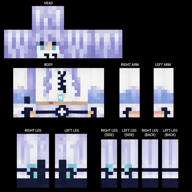 Lavender-and-blue Minecraft skin template with long hair, corset lacing, and winter mage outfit