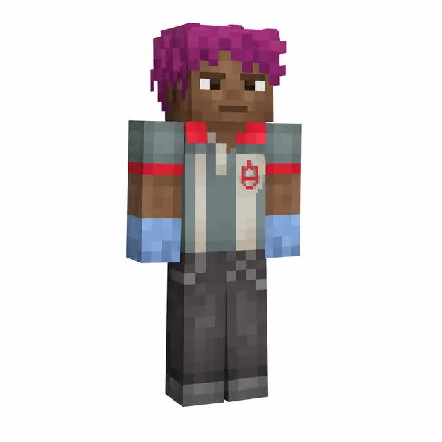 Minecraft skin of character with magenta hair, teal jacket with red trim, blue gloves, and dark pants, facing forward.
