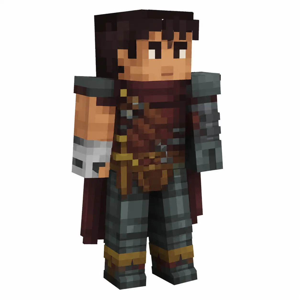 Medieval ranger Minecraft skin with dark armor, leather straps, and burgundy cape, three-quarter view.
