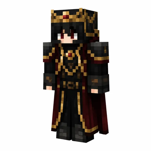 Minecraft skin of a dark royal knight in black-gold armor with red cape and crown, three-quarter view on white background.