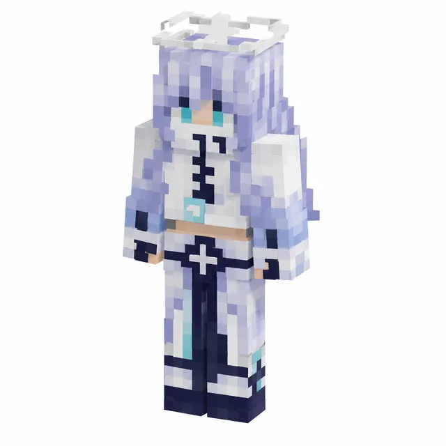 Pastel blue-and-white anime girl Minecraft skin with lavender hair, halo, and cross-detailed outfit in a clean 3D render.