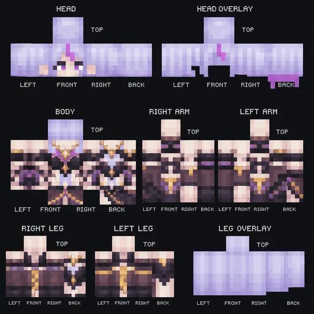 Purple and gold fantasy mage Minecraft skin texture sheet with lavender hair