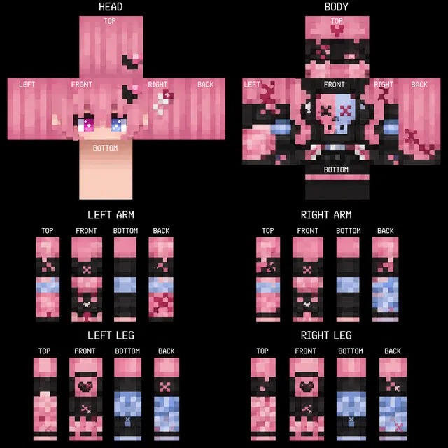 Pink pastel goth Minecraft skin template with pink hair, mismatched eyes, black hoodie with blue skull and stitched hearts, blue socks.