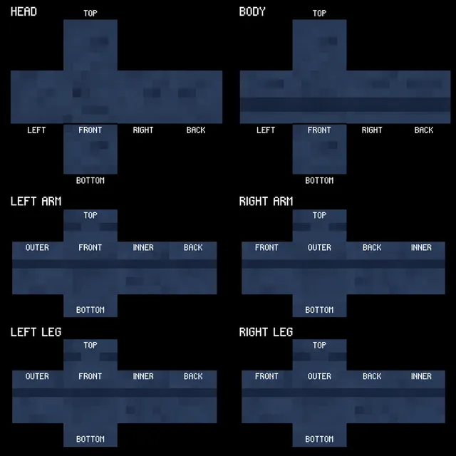 Dark blue Minecraft skin template with labeled head, body, arms, and legs in a pixelated navy texture