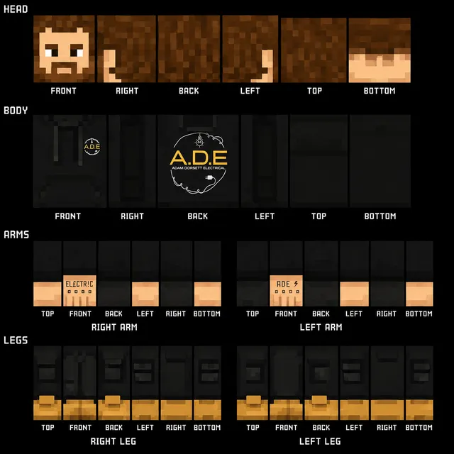 Minecraft skin template of a bearded character in black workwear with yellow A.D.E logos and tan boots.