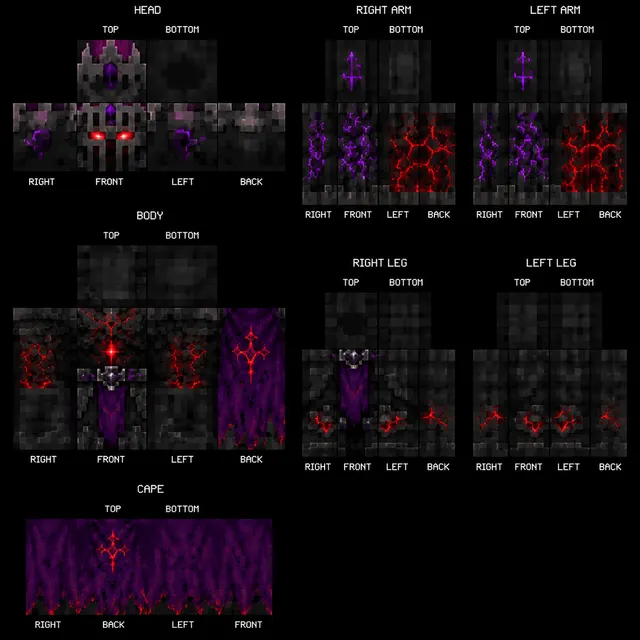 Minecraft skin template of a dark warlord with red eyes, black armor, violet runes, and a purple cape sigil.