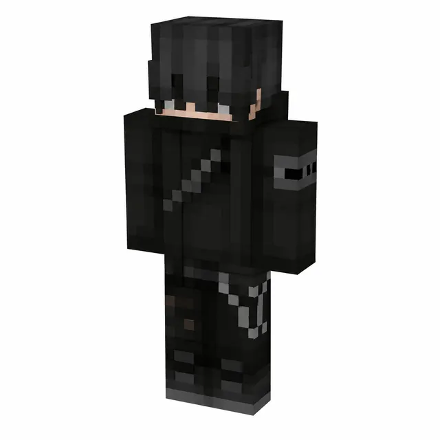 Dark stealth Minecraft skin with masked rogue, black hair over eyes, chest strap and leg chains on a white background