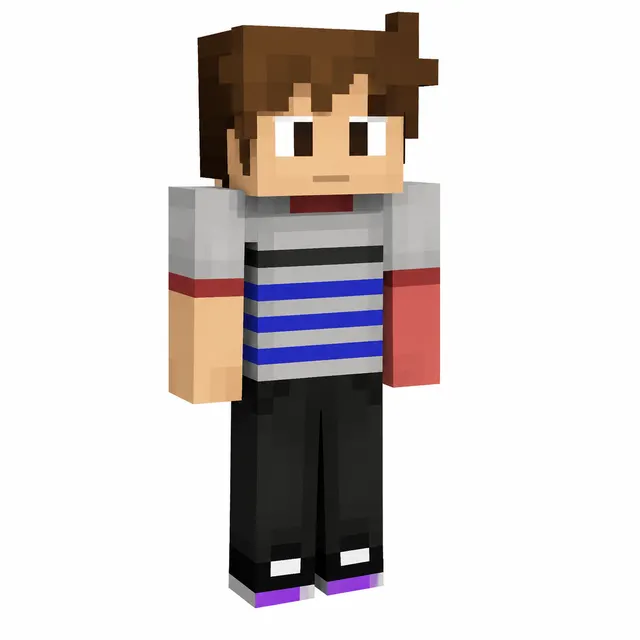 Blocky brown-haired Minecraft skin in gray shirt with blue stripes, black pants, and sneakers on a white background.
