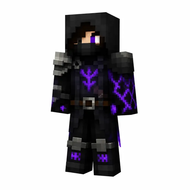 Hooded black-and-purple Minecraft skin with runes, mask, and shoulder armor in a 3D preview pose on white background.
