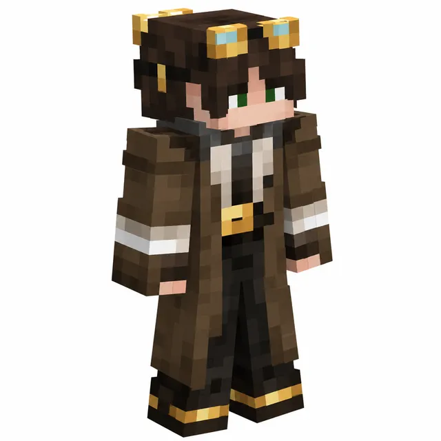 Minecraft skin: steampunk explorer with brown coat, gold goggles, and black boots, shown in three-quarter view on white background.