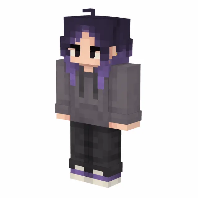 Minecraft skin with dark purple hair, gray hoodie, black pants, and white-purple sneakers on white background.