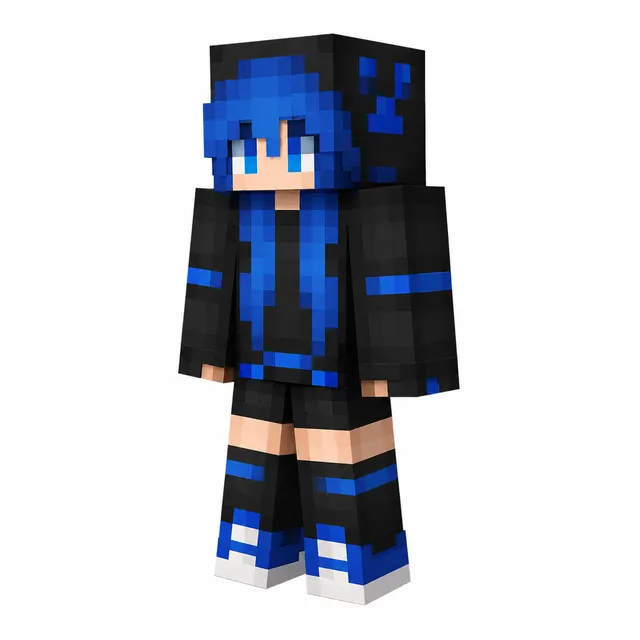 Minecraft skin with blue hair, black hoodie with blue stripes, black shorts, and blue-white sneakers on white background.