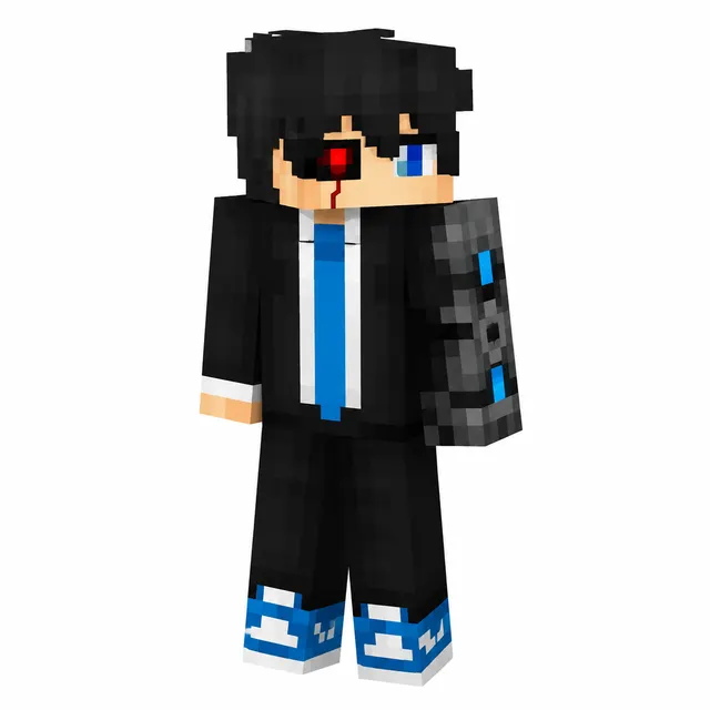 Cyborg Minecraft skin wearing a black suit, blue tie, and robotic right arm with red cyber eye