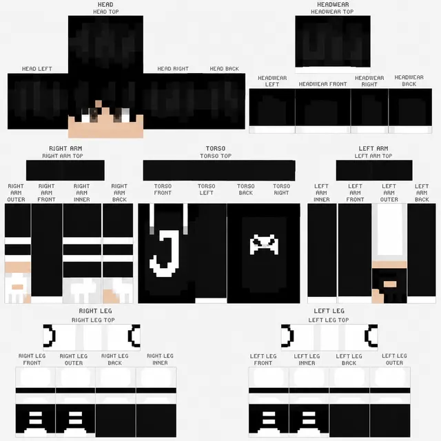 Monochrome Minecraft skin template with black hoodie, J logo, black hair, and striped sleeves.