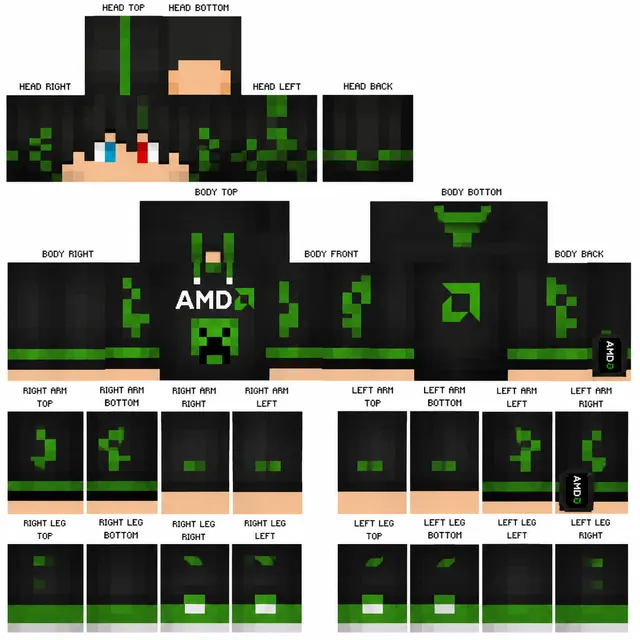 Black and neon green Minecraft skin template with creeper hoodie and AMD text, tech logo on back.
