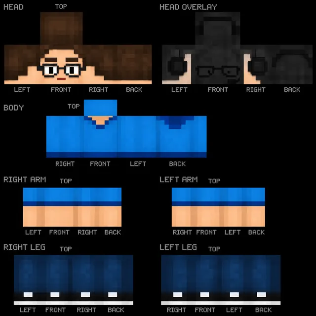 Minecraft skin template of brown-haired avatar with black glasses, blue hoodie, dark jeans, and black shoes