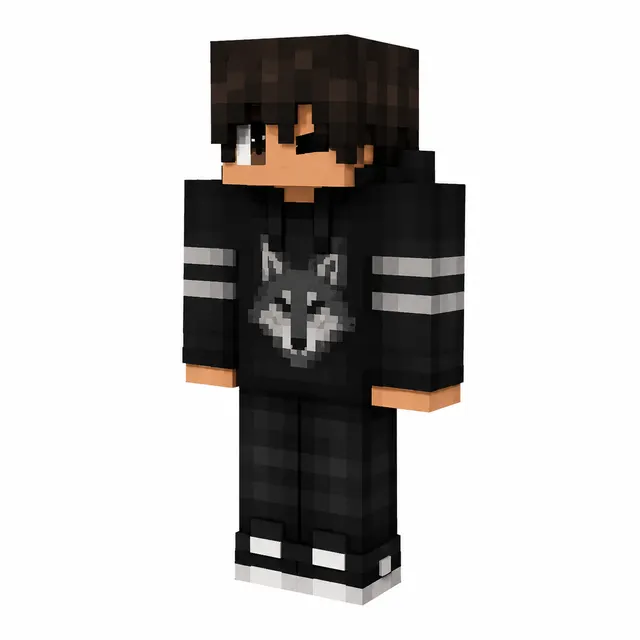 Minecraft skin of a boy in a black wolf hoodie with striped sleeves, dark pants, and white-accent sneakers