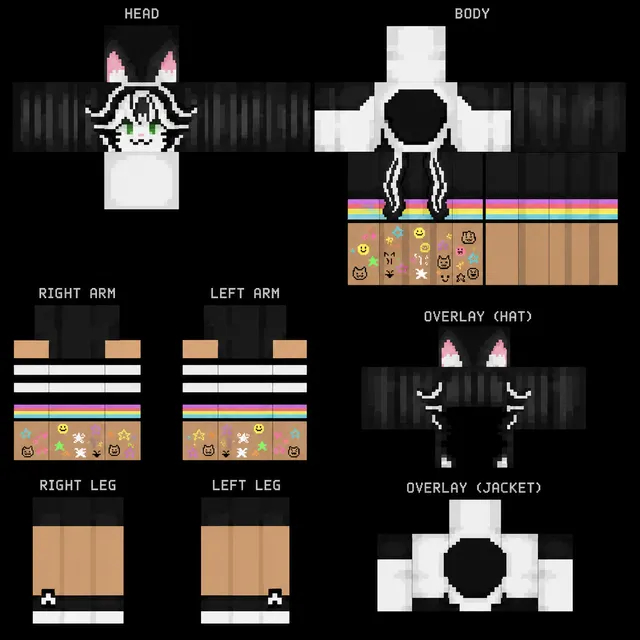 Minecraft skin template with cat ears, black‑white hair, white hoodie, rainbow sleeves, and doodle patches.