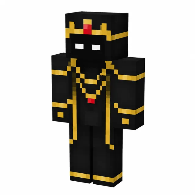 Minecraft skin with black robes, gold trim, crown headband, red gem, and white eyes in a regal mage style.