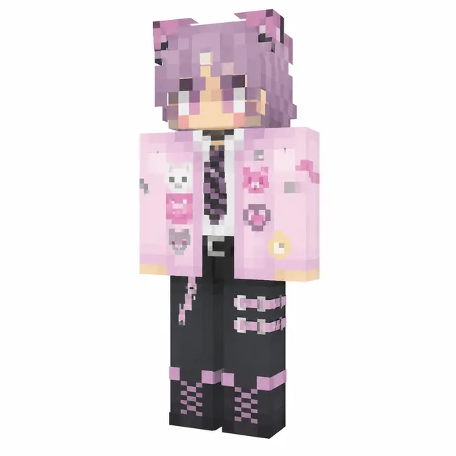 Kawaii Minecraft skin with lavender cat ears, pink jacket with decals, black strap pants, and lace-up boots on white background.