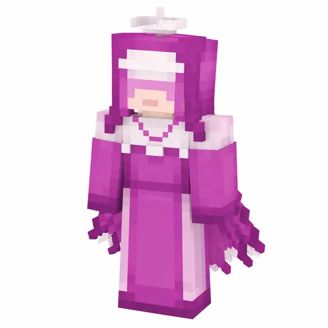 Pink and white Minecraft-style character in a long gown with a halo, three-quarter view.