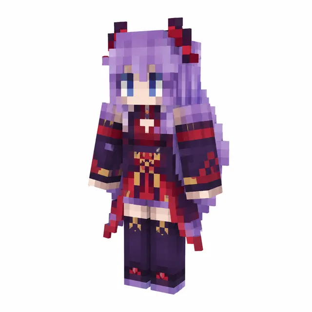 Anime-style Minecraft skin with long purple hair and a red-gold kimono outfit