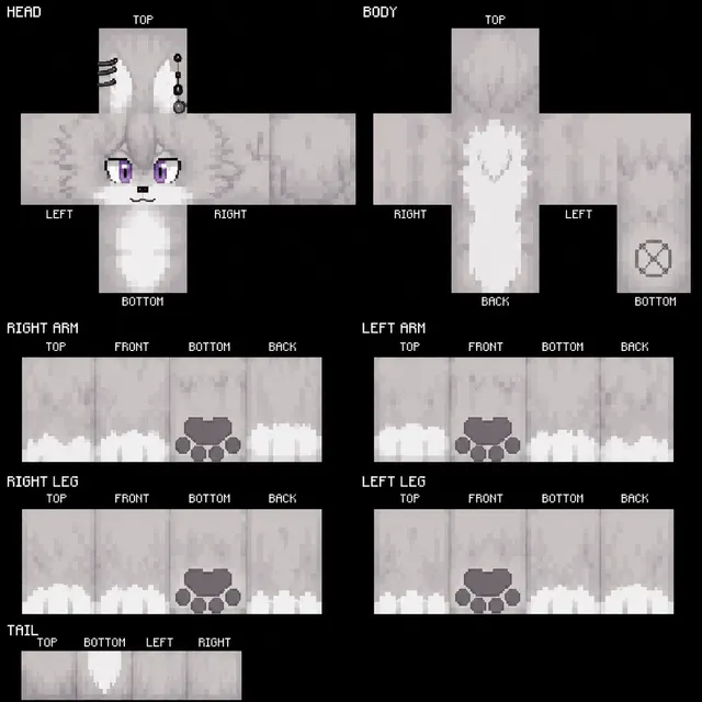 Gray fox-like furry Minecraft skin template with purple eyes, big ears, white chest, tail, and paw pads.