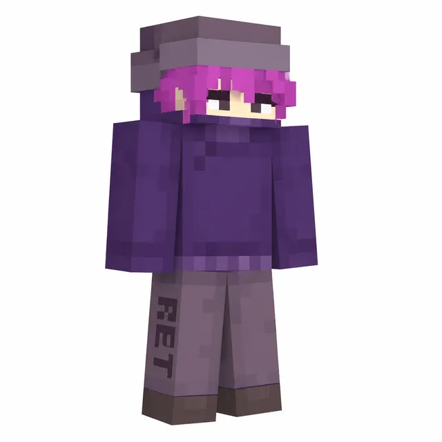 Minecraft skin in purple hoodie, pink hair, gray beanie, gray pants with RET text, 3/4 view on white.