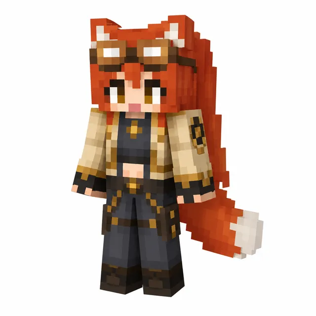 Minecraft fox engineer skin with orange hair, goggles, tan jacket, and bushy tail on white background