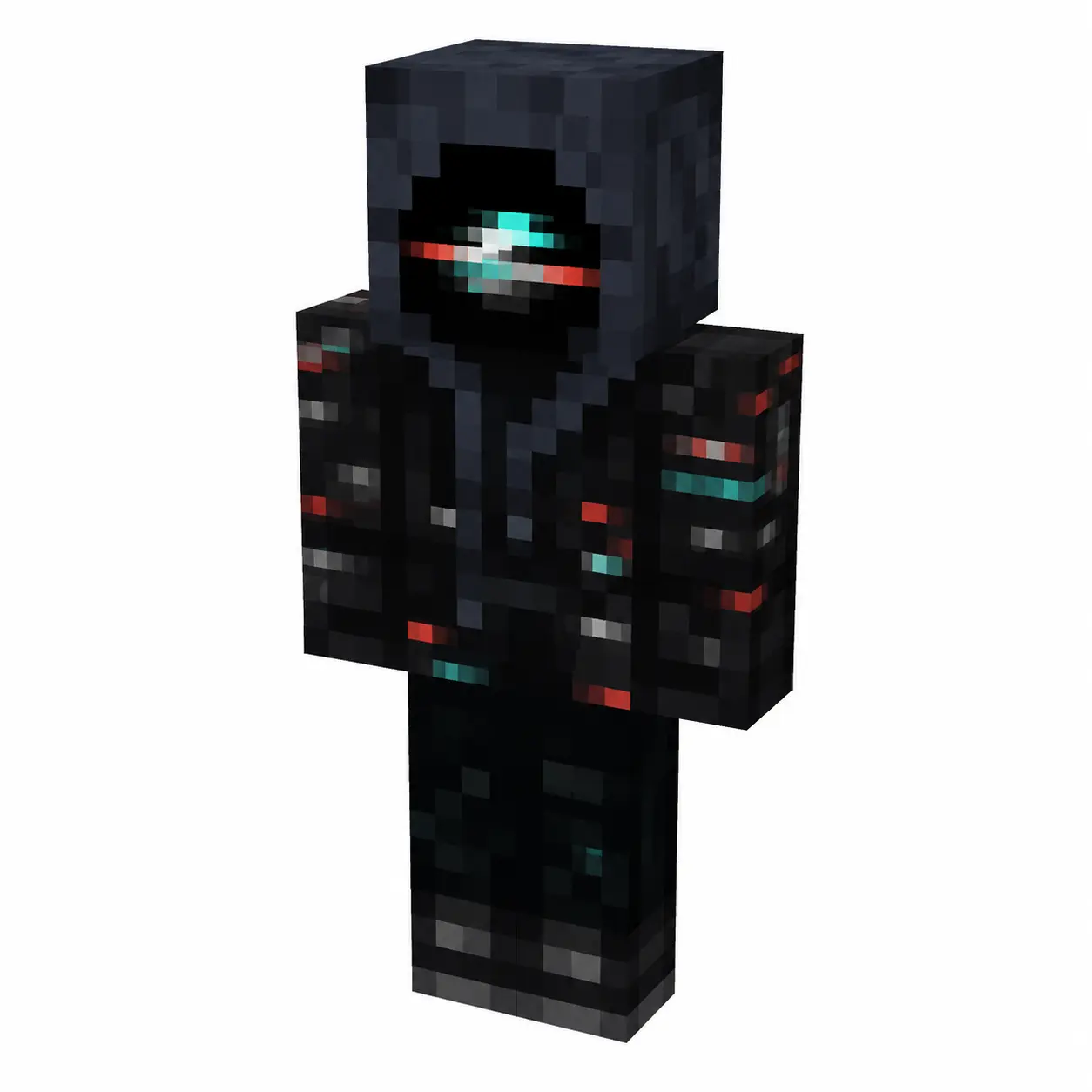 Hooded cyberpunk Minecraft skin with black mask and neon teal-red visor