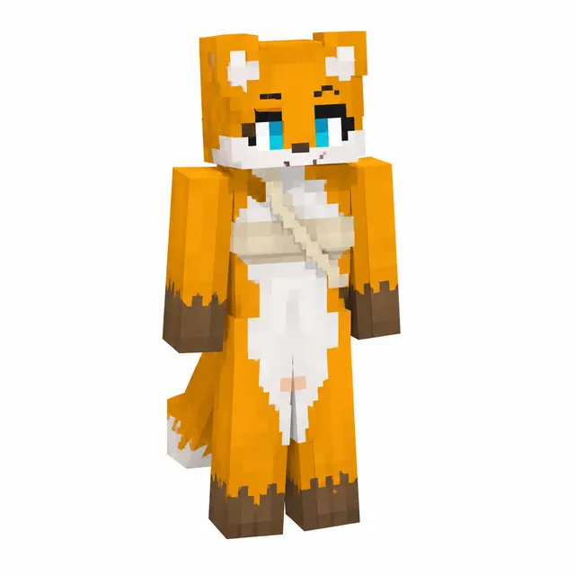 Orange anthropomorphic fox Minecraft skin with blue eyes, white belly, tail, and a crossbody strap.