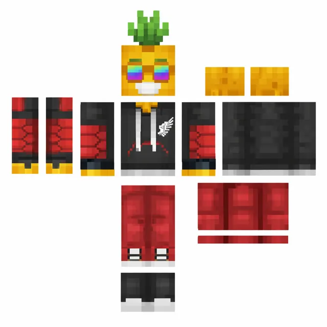 Pineapple-head Minecraft skin with rainbow glasses, black hoodie with wing logo, red pants, and sneakers on a full texture template.
