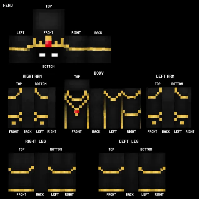 Black hooded Minecraft skin with gold trim and red pendant, full 64x64 texture layout for head, body, arms, and legs.