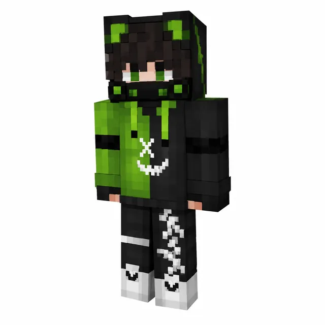 Neon green and black Minecraft skin with hood, mask, X-smile graphic, and laced pants on a neutral background.