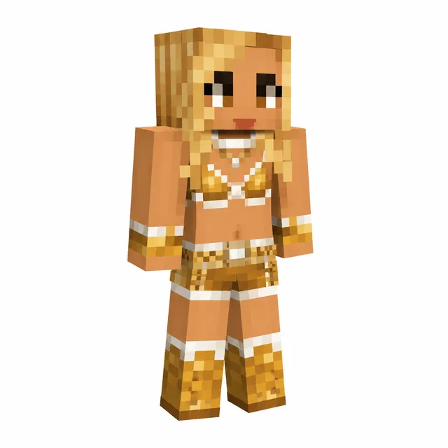 Minecraft-style character with blonde hair in gold-and-white two-piece outfit and boots, 3D preview on white background.