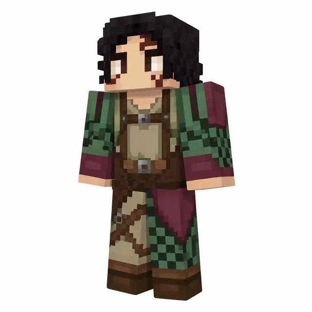 Minecraft skin of a medieval adventurer with dark hair, green sleeves, maroon accents, and leather straps, shown in three-quarter view