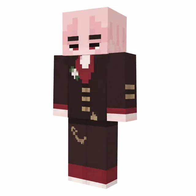 Minecraft skin of a pale character in a burgundy Victorian suit with gold buttons and a pocket chain.