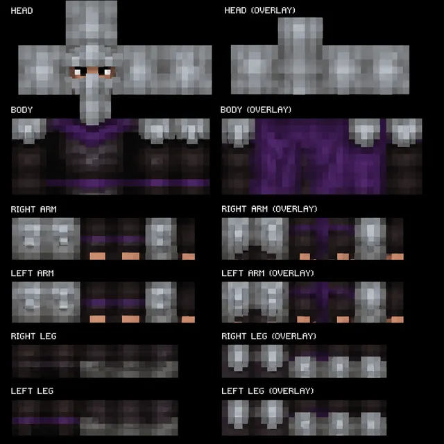Minecraft skin template of a masked villager-style mage with gray armor and purple robes