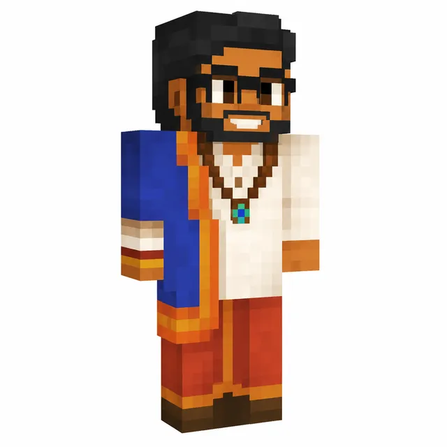 Minecraft skin of a smiling bearded character in blue cloak, white tunic, red pants, glasses, and pendant.