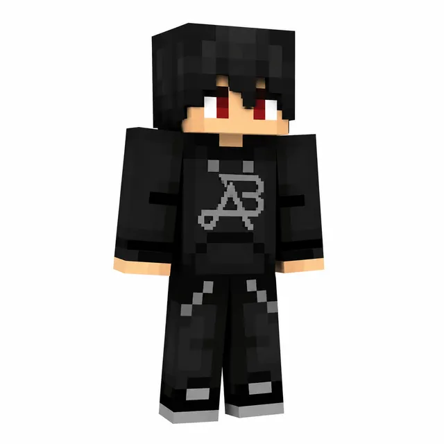 Black-hoodie Minecraft skin with red eyes and gray logo on a white background