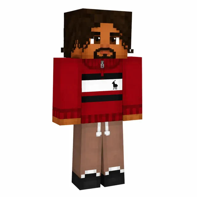 Bearded Minecraft skin in red striped hoodie, tan joggers, and black shoes, front-facing.